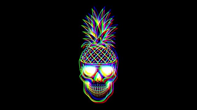 Animated pineapple skull with sunglasses featuring a vibrant digital glitch effect, chromatic aberration, and RGB color shifts on a solid black background.