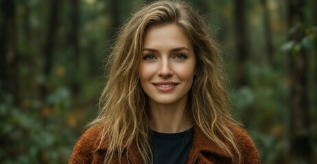Naklejka premium beautiful woman with long wavy hair smiling in autumn forest.