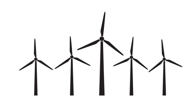 Wind turbines silhouettes with multiple sizes arranged on a plain white background for renewable energy concepts.