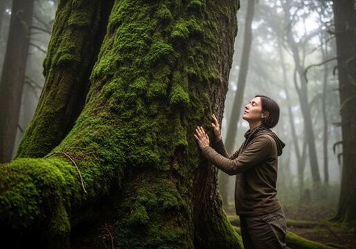 Shinrin-yoku forest bathing concept, peaceful woman closing eyes and connecting with an ancient mossy tree.