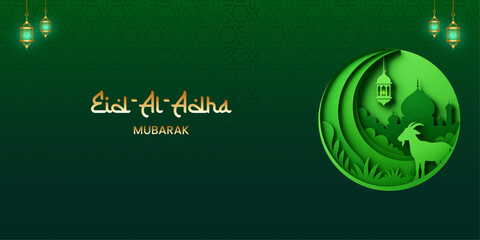 Eid al adha green and golden paper cut effect background, eid mubarak decorative arabic islamic banner design with Mosque, moon, stars, ornaments, patterns, calligraphic sign. Paper cut style.