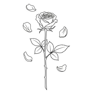 A minimalist line art illustration of a rose with petals falling off
