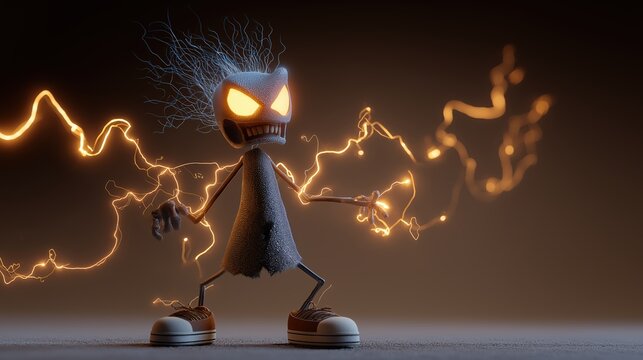 Personnage squelettique &eacute;lectrique avec yeux lumineux et &eacute;clairs