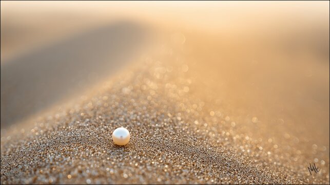 Perle nacr&eacute;e blanche pos&eacute;e d&eacute;licatement sur du sable dor&eacute; au soleil