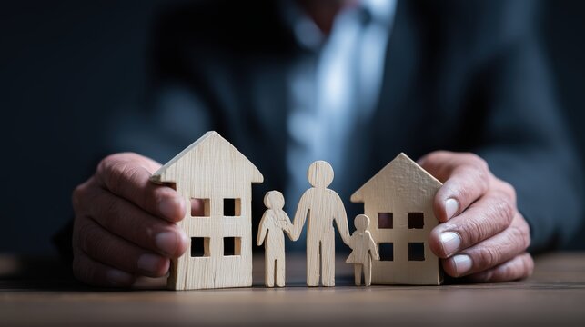 Mains prot&eacute;geant une famille en bois avec des maisons symbolisant s&eacute;curit&eacute;