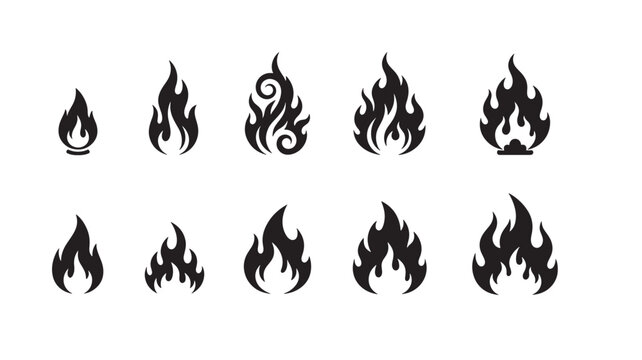 Flames black icons collection with various stylized fire shapes and sizes, suitable for graphic design.