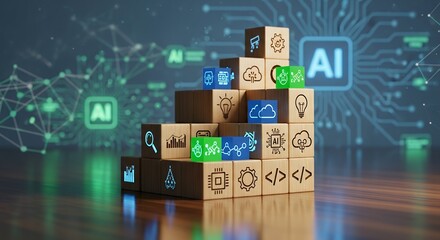 A pyramid of wooden blocks features various technology and AI-related icons on a digital background.