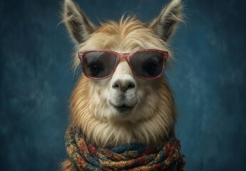 Fototapeta premium cool llama wearing sunglasses and a colorful knitted scarf, portrait.