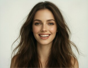 Naklejka premium beautiful woman with radiant smile and flowing brunette hair closeup portrait.