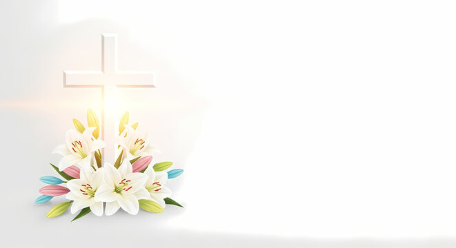 Christian easter cross with white lily flowers background