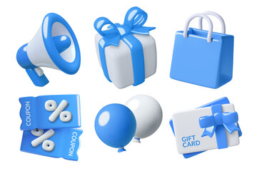 3d Shopping icons collection including blue gift card, discount coupons, megaphone, paper bag, gift box and balloons. Cute holiday sale vector illustrations isolated on white background.