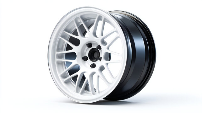 White alloy car wheel rim isolated on a neutral background representing automotive parts used in vehicle wheels and performance engineering.