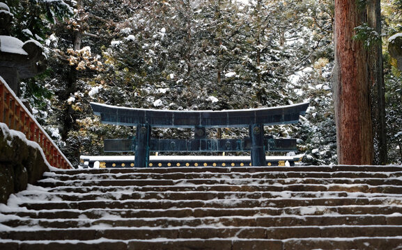 Torii gate at Toshogu Shrine in Nikko, Japan, during winter