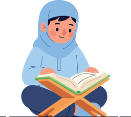 Flat Illustration Muslim Girl Reading Holy Quran on Wooden Stand