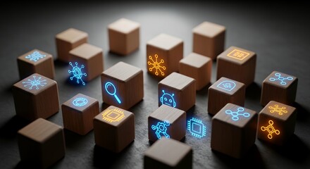 Obraz premium Numerous small wooden cubes illuminated with glowing artificial intelligence and technology icons.