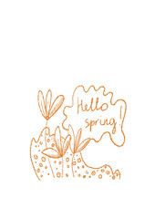 Obraz premium Hello Spring lettering with sprouting plants minimalist botanical doodle illustration. Minimalist hand drawn Hello Spring typography with young plants and abstract shapes Botanical doodle 