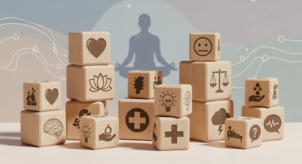 Stacked wooden blocks displaying diverse wellness and mental health icons with a meditating silhouette.