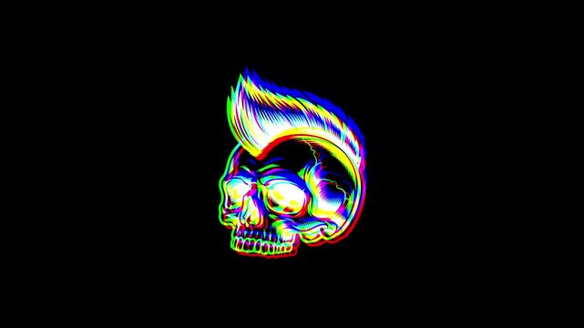 Animated profile of a punk skull with a mohawk featuring a vibrant digital glitch effect, chromatic aberration, and RGB color shifts on a solid black background.