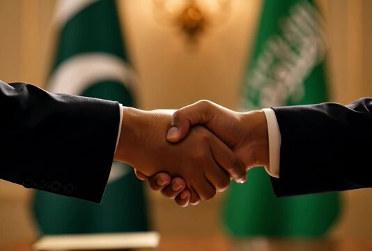 Businessman and woman shaking hands in formal setting with national flags