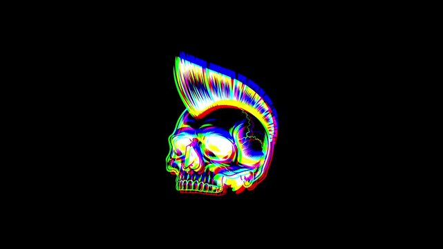 Animated profile of a punk skull with a mohawk featuring a vibrant digital glitch effect, chromatic aberration, and RGB color shifts on a solid black background.