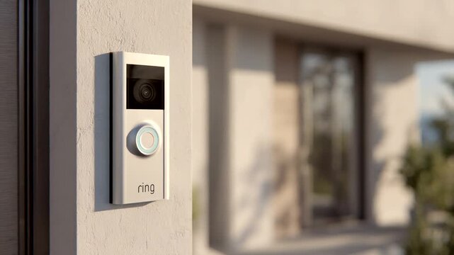 Modern doorbell camera on home exterior with sunlight