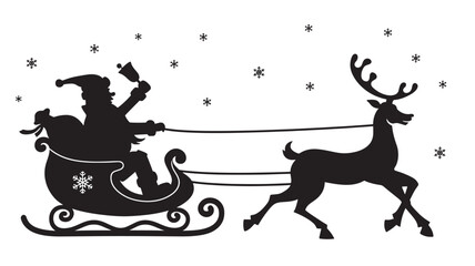 Silhouette of Santa Claus in a sleigh pulled by a reindeer with snowflakes falling around them in a festive winter scene. © RASHIDAPARVIN