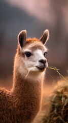 Obraz premium A close-up of a llama with straw in its mouth, set against a soft, blurred background