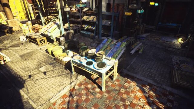 Sunlit morocco market stall displaying handcrafted ceramics on tiled square, warm golden light, vendor tools, ornate shadows, traditional medina architecture