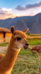 Fototapeta premium A young llama being fed fresh hay by a hand, surrounded by a serene mountain landscape