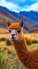 Fototapeta premium A close-up of a young alpaca with a vibrant fur coat, set against a mountainous landscape backdrop