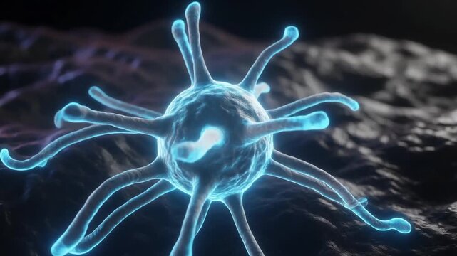 Abstract 3D render of a glowing microscopic organism. Intricate tendrils radiate soft blue light in a dark scientific environment