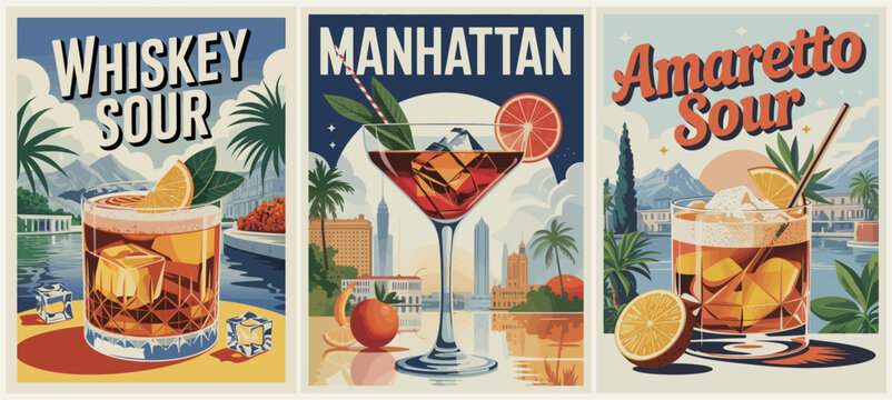 Three retro travel posters featuring Whiskey Sour, Manhattan, and Amaretto Sour cocktails, with stylized cityscapes, landscapes, and warm, inviting color palettes.