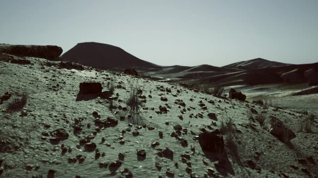 Desolate volcanic rocky landscape under pale sky, expansive field of scattered basalt boulders and ash, distant cinder cone hills, cold muted color palette,