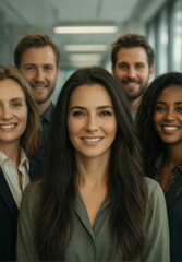 Fototapeta premium diverse business team smiling at camera in modern office setting.