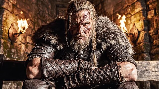 A muscular man with a long beard and hair, wearing leather and fur, sits on a bench in a dimly lit room with stone walls and torches