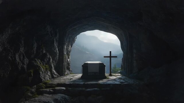 Christian cross and empty tomb inside a rocky cave overlooking a misty mountain landscape. A spiritual scene representing faith hope and the resurrection for easter celebration