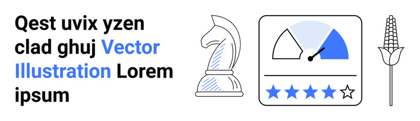 Business strategy, performance evaluation, agriculture, growth potential, productivity analysis, rating systems. Chess knight, performance meter star ratings corn illustration. Business strategy