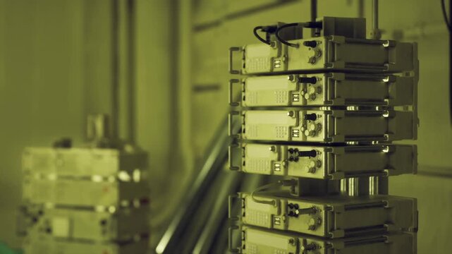 Dimly lit space station equipment rack, maintenance drone calibrating telemetry modules, stacked server trays with exposed circuitry, cooling conduits
