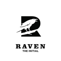 Fototapeta premium Modern Black and White Raven Bird Silhouette Perched on Initial Letter R Logo Design Concept