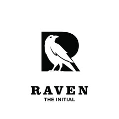 Fototapeta premium Raven Bird and Letter R Initial Logo Design Template