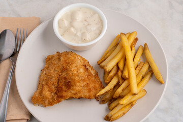 baked cod  with french fries and clam chowder