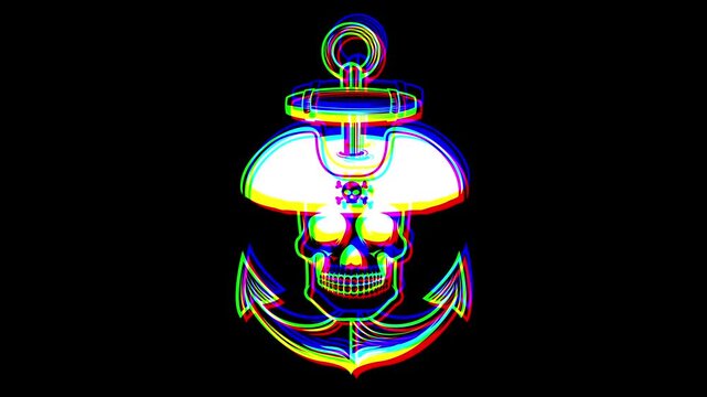 Animated nautical skull wearing a sailor hat in front of an anchor featuring a vibrant digital glitch effect, chromatic aberration, and RGB shifts on a black background.
