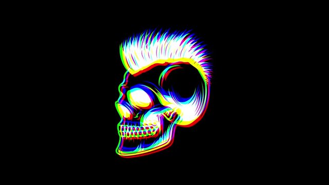 Animated profile of a punk skull with a mohawk featuring a vibrant digital glitch effect, chromatic aberration, and RGB color shifts on a solid black background.