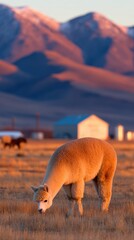Fototapeta premium A serene scene featuring a grazing animal against a backdrop of mountains at sunset