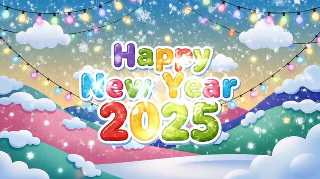 Colorful 2025 New Year's celebration banner with 'Happy New Year' text, surrounded by clouds, stars, and string lights