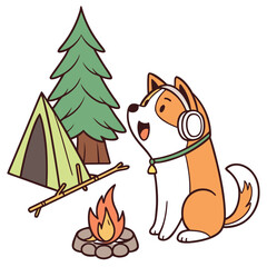Fototapeta premium Vector illustration of a Surprised Akita with wearing headphones, styled in a Camping trip theme using Campfire Glow colors