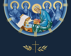 Naklejka premium Matthew Levi the Apostle and four cardinal points (Archangel Gabriel, Uriel, Raphael and Michael). Illustration in Byzantine style isolated