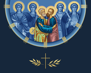 Naklejka premium Saints Peter and Paul and four cardinal points (Archangel Gabriel, Uriel, Raphael and Michael). Illustration in Byzantine style isolated