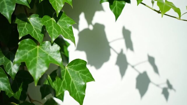 Closeup of vibrant green ivy leaves casting shadows on a white wall.