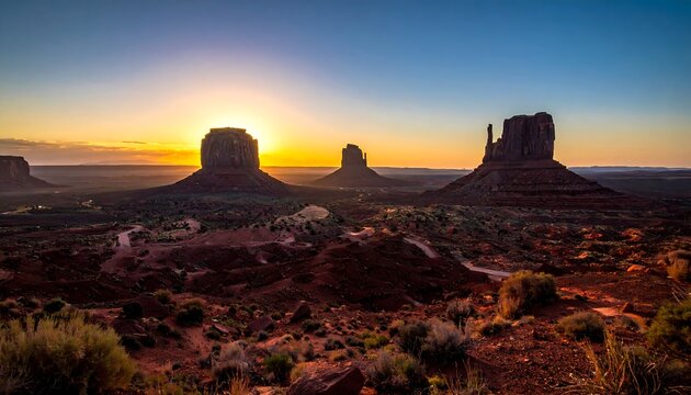 Sunrise in a desert landscape with three prominent mesas and blue sky